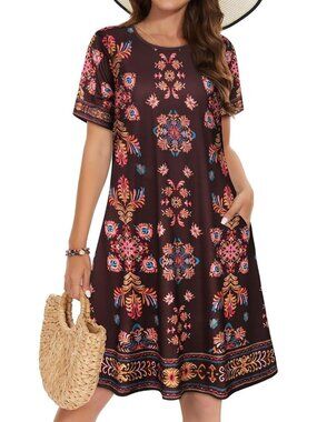 Women's Black Orange Floral Short Sleeve Floral Sundress Beach Cover Mini Dress